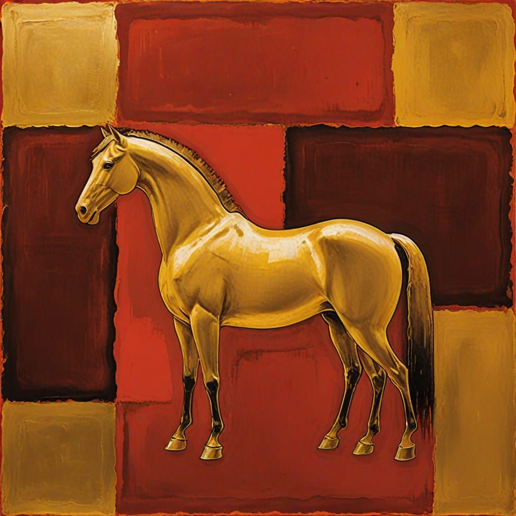 Vibrant Abstract Horse in Golden and Red Hues, Inspired by R...