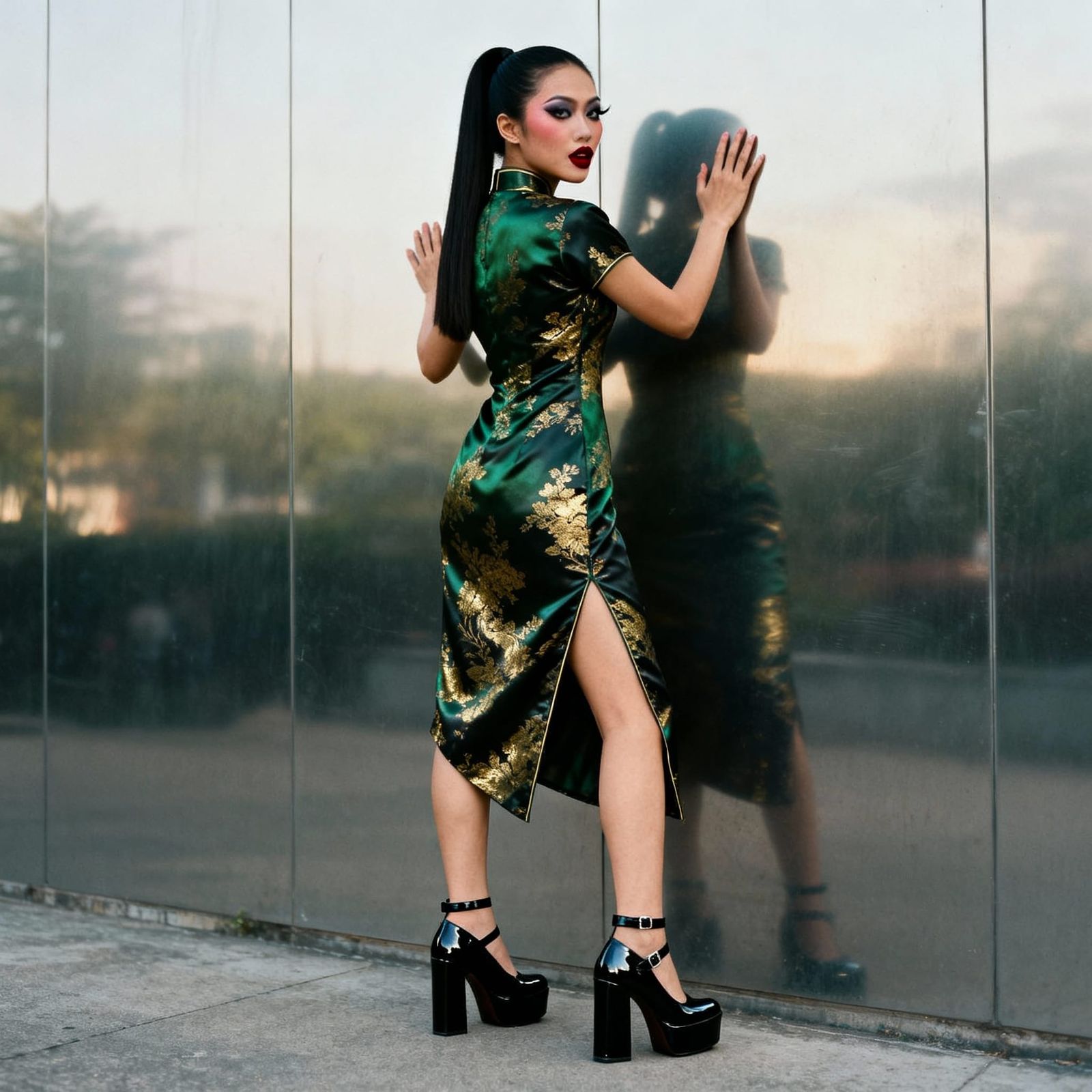 Vietnamese Woman in Silk Cheongsam, Photorealistic Style