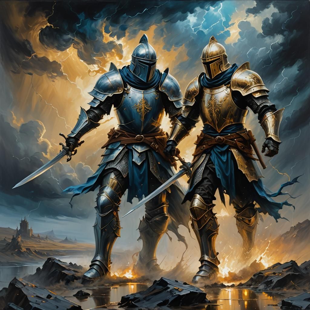Knight and Assassin Duel in Surreal Impasto Painting