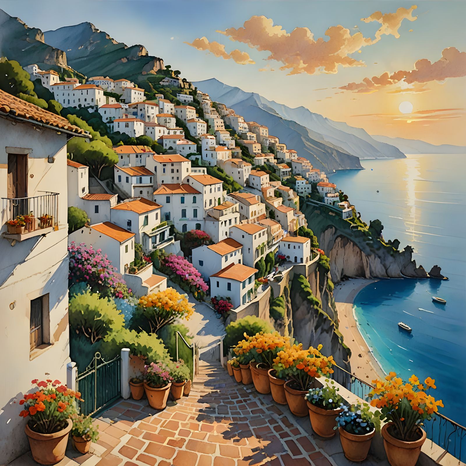 Breezy Amalfi Coast Village in Idyllic Watercolor