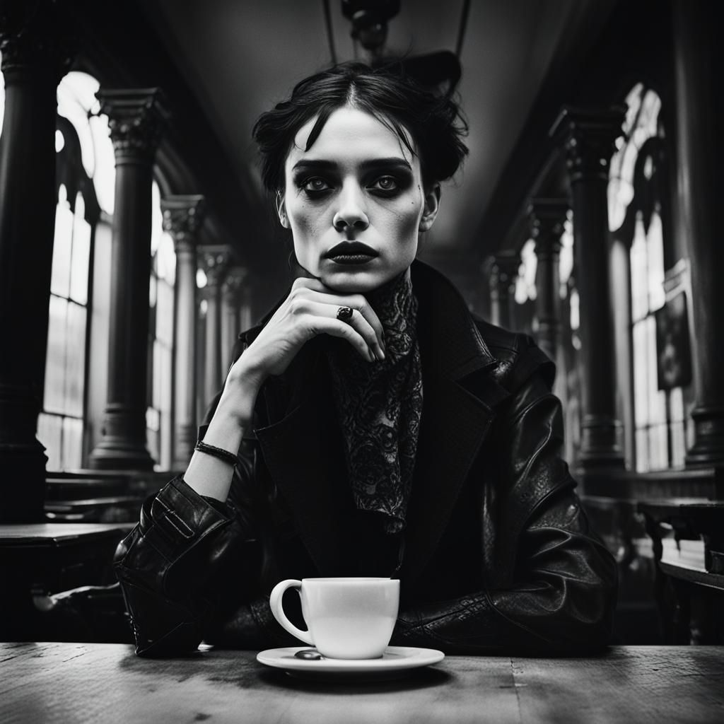 Goth Model in Coffee Shop: Black and White Photography