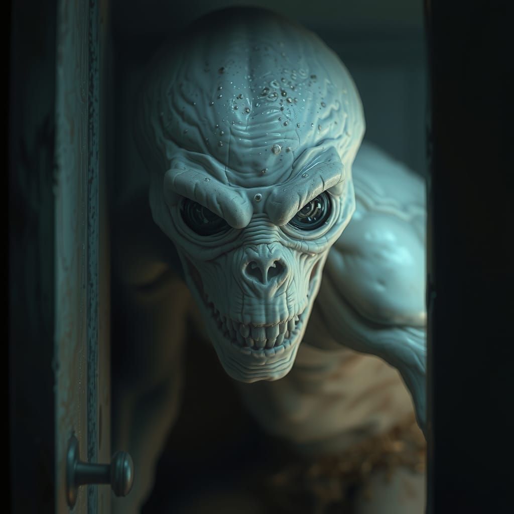 Creepy White Monster in Closet: Horror Art