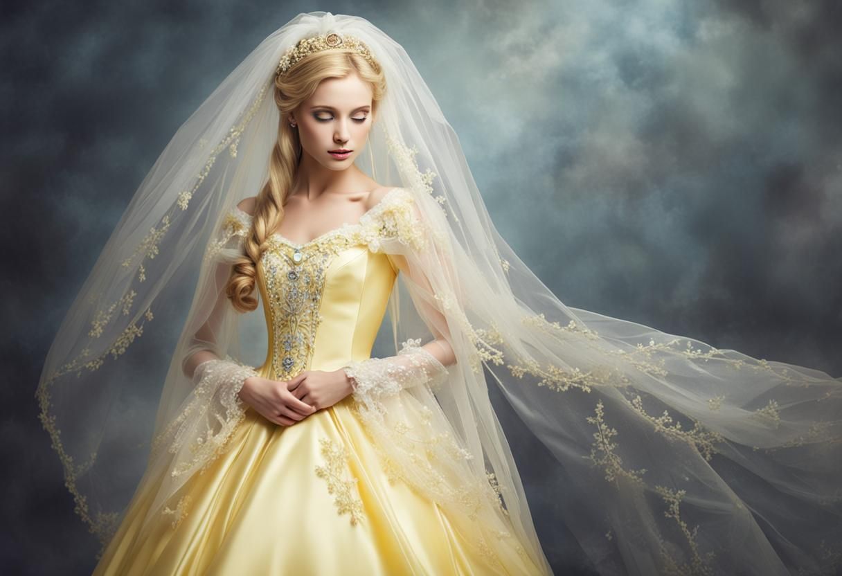 Blonde Princess in Yellow Gown and Veil