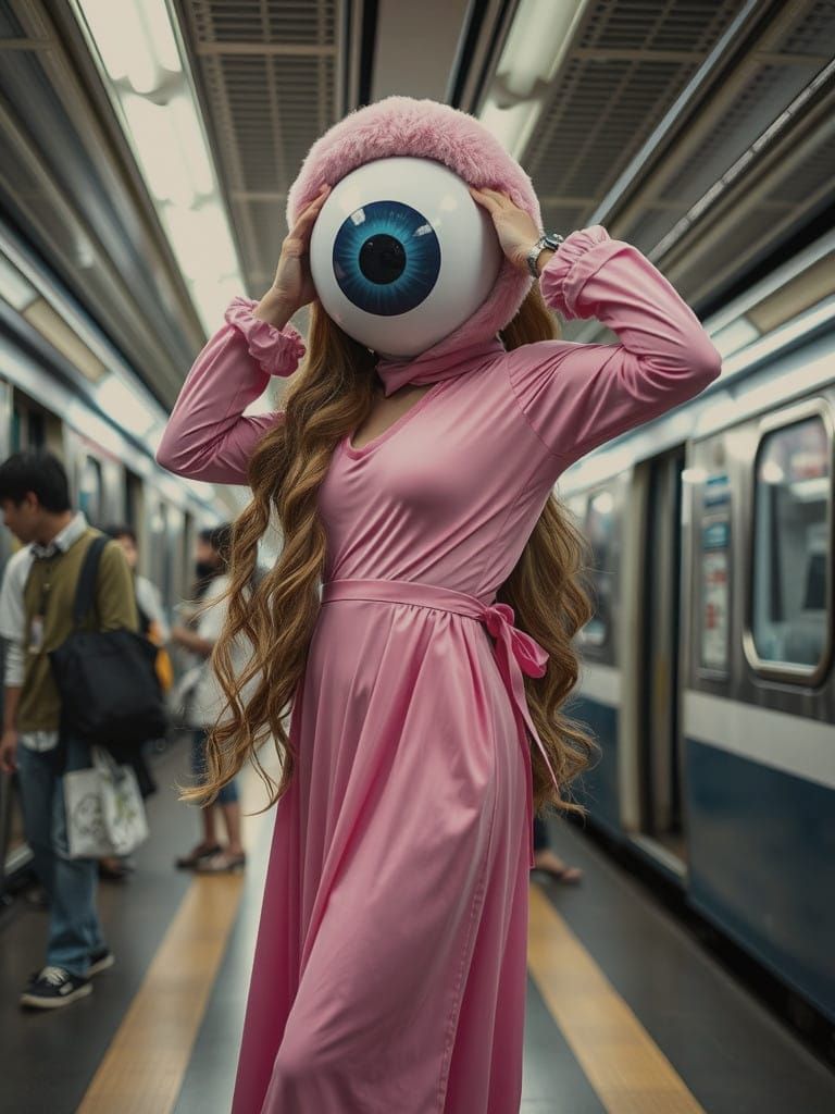 Woman in Vibrant Pink Stepping Out of a Train in a Kigurumi-...