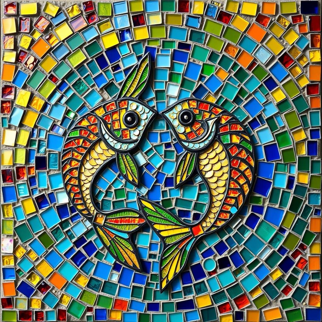 Vibrant Byzantine-Inspired Mosaic of the Pisces Zodiac