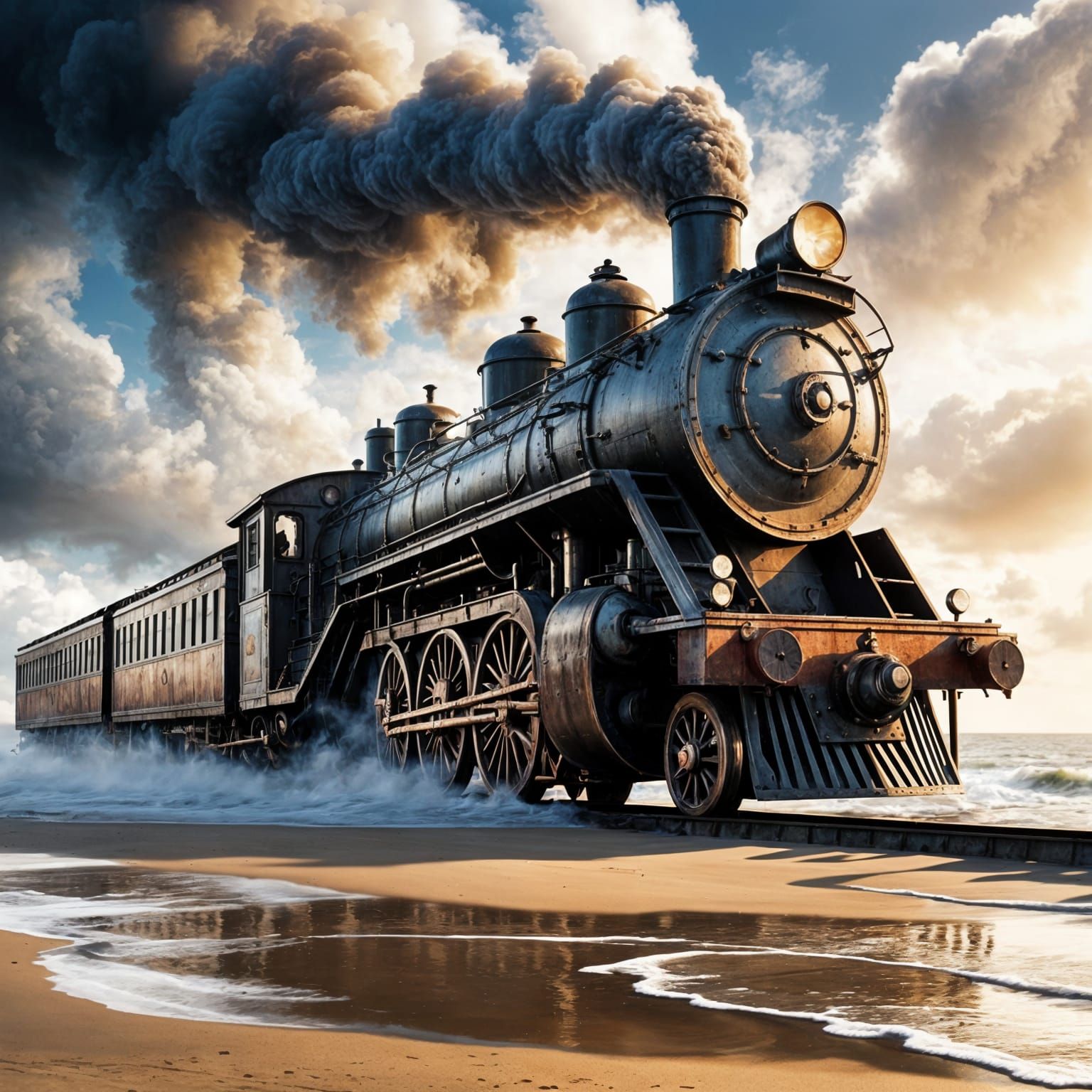 Steam Train on Beach Meets Ship at Sea