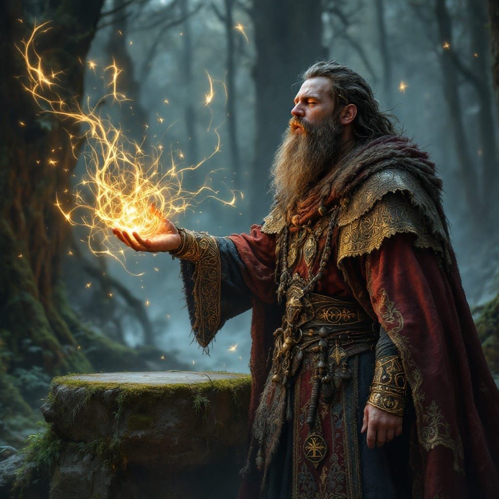 Norse Sorcerer Weaves Hypnotic Spell in Misty Forest