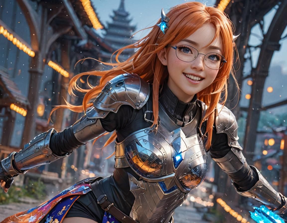 Anime Girl in Cosmic Armor Under Starry Sky