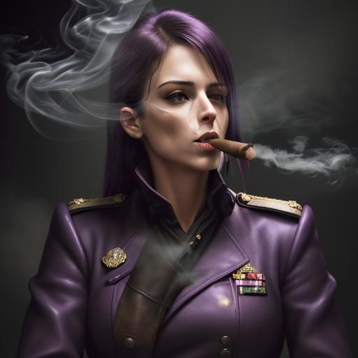 Female Military Officer in Purple with Cigar