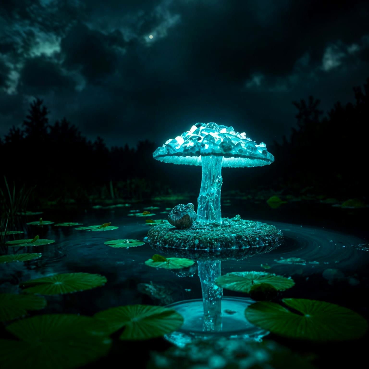 Luminous Crystal Mushroom in an Enchanted Forest Scene