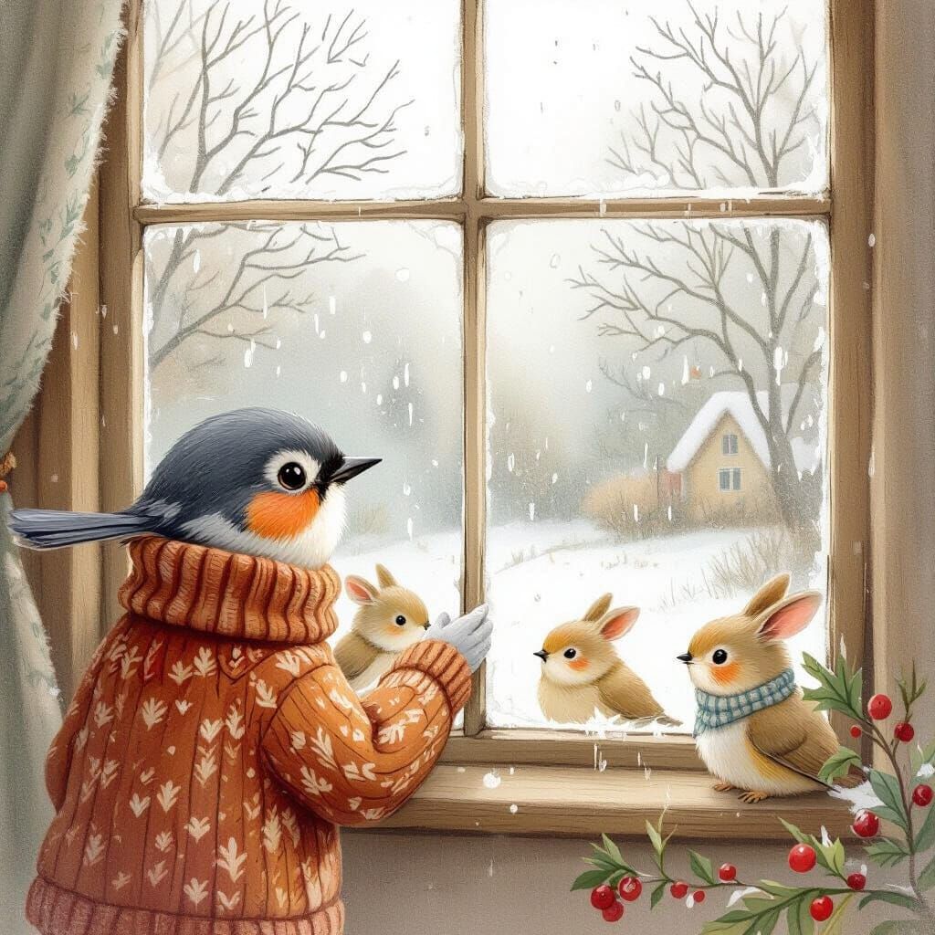 Bird in Sweater Watches Family, Whimsical Illustration