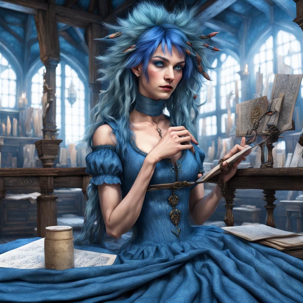 Blue-Haired Elf Reporter in Medieval Setting