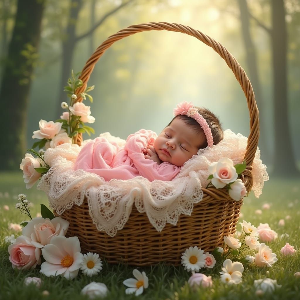 Newborn in Floral Basket, Dreamy Style
