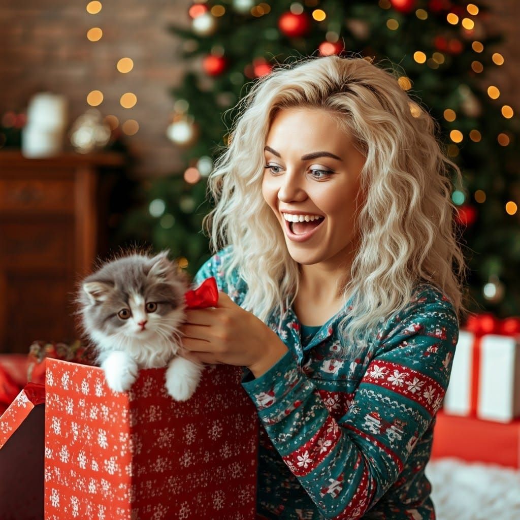 Joyful Platinum Blonde Woman Surprised by Christmas Gift