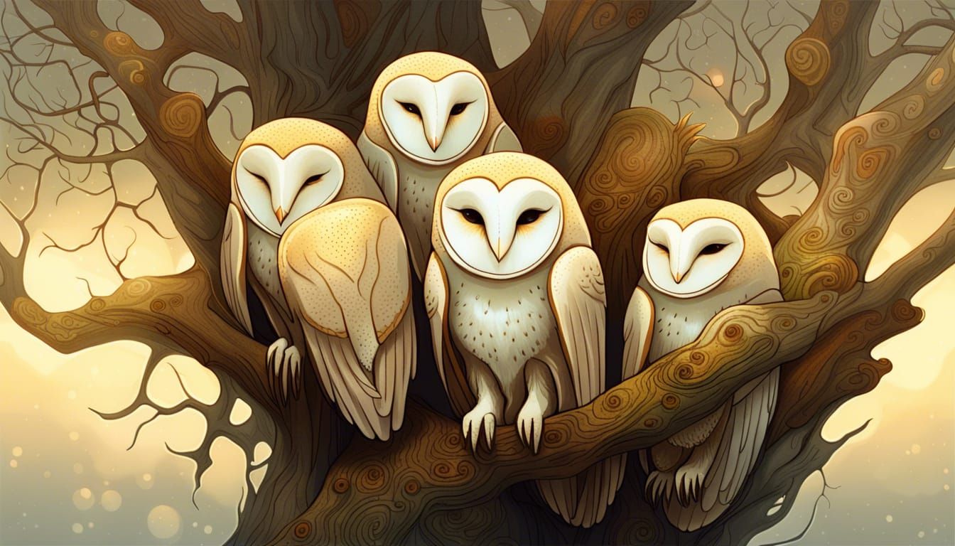 Adorable Fluffy Owls Snuggled on a Branch in Anime Style