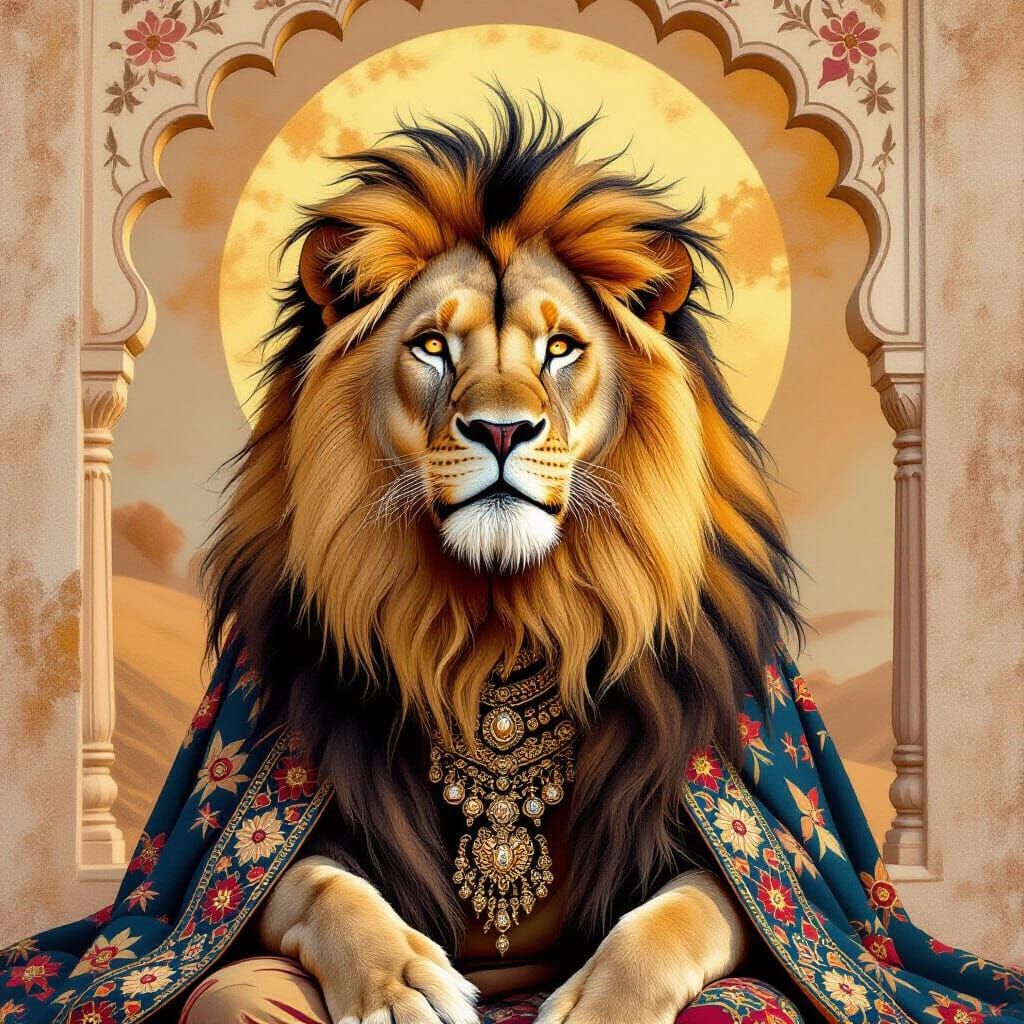 Majestic Lion with Embroidered Cloak in Miniature Painting S...