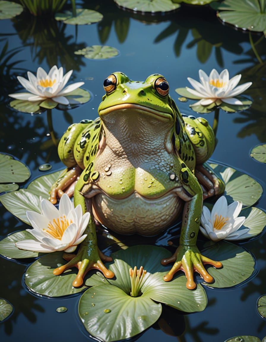 Photorealistic Frog Illustration on Lily Pad
