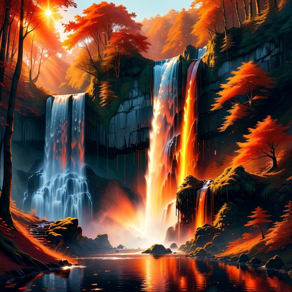 Magical Forest: Sunset Sparkles on Huge Waterfall