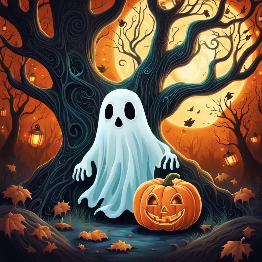 Cute Ghost and Pumpkin Storybook Illustration