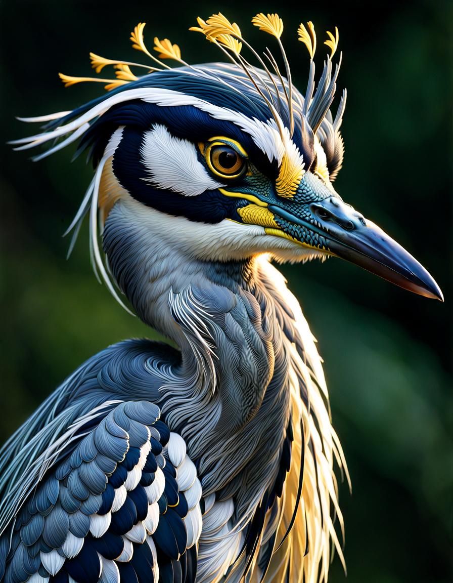 Yellow Crested Heron Portrait in Detailed Fantasy Art