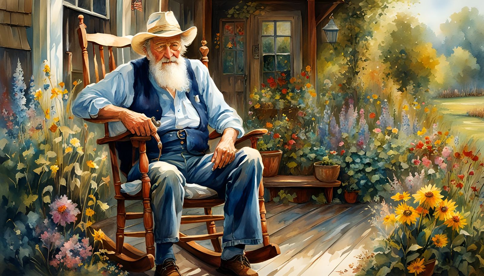 Grandpa on Cottage Porch in Folk Art Style
