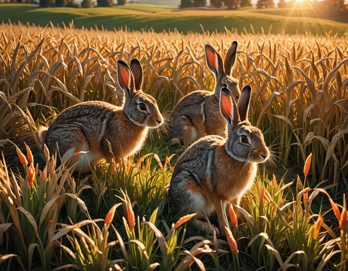 Harvest Jackrabbits in Sun-Drenched Field as Impressionist A...