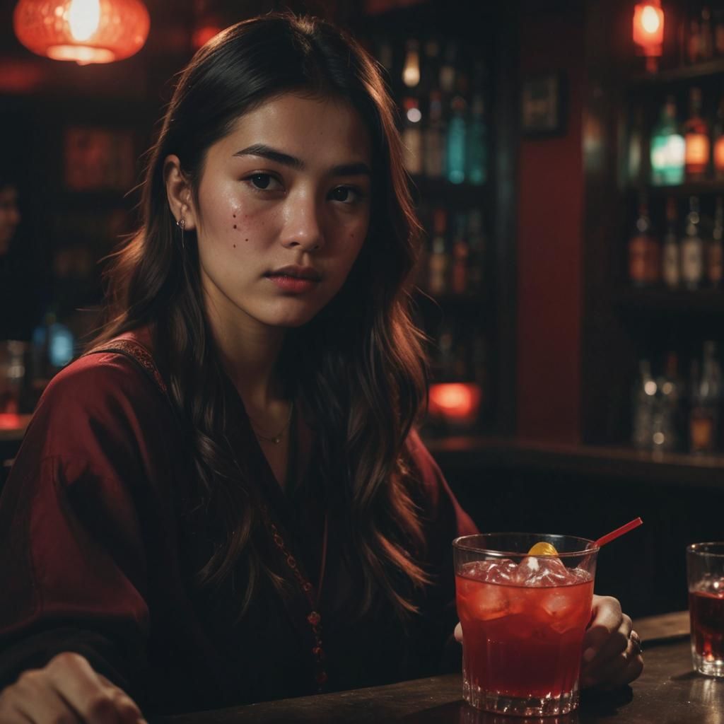 Uzbek Girl Pouring Red Drink in Dark Bar