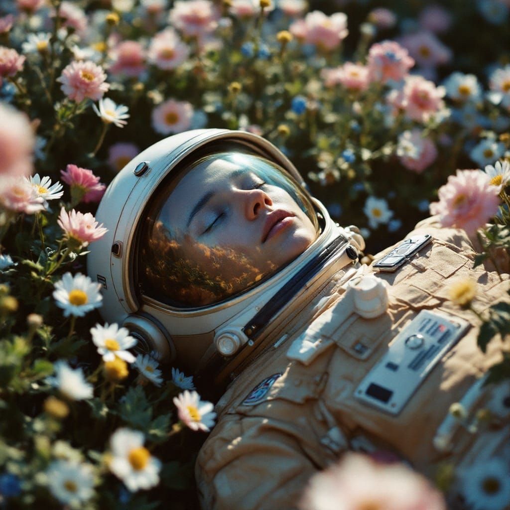 Astronaut in Blooming Garden of Vibrant Pastel Hues