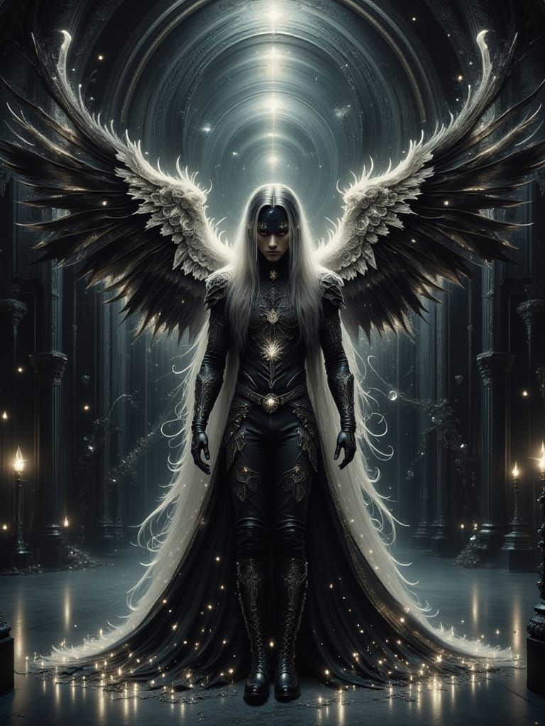 Shimmering Goth Man with Wings in Gothic Hall