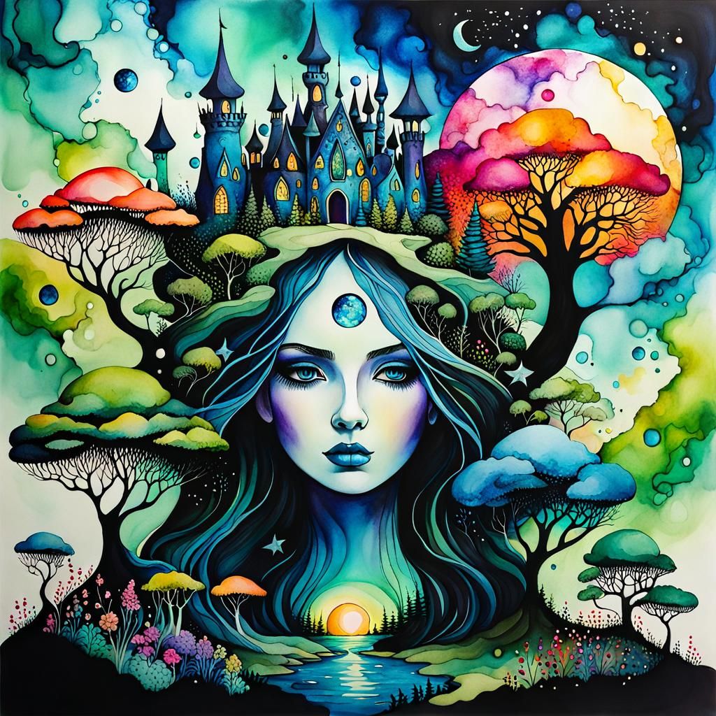 Surreal Alcohol Ink Illustration of Dreamlike Mysticism