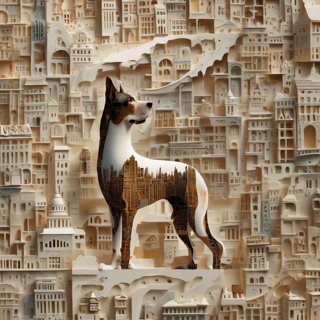 Whimsical Cityscape Dog Silhouette in 3D