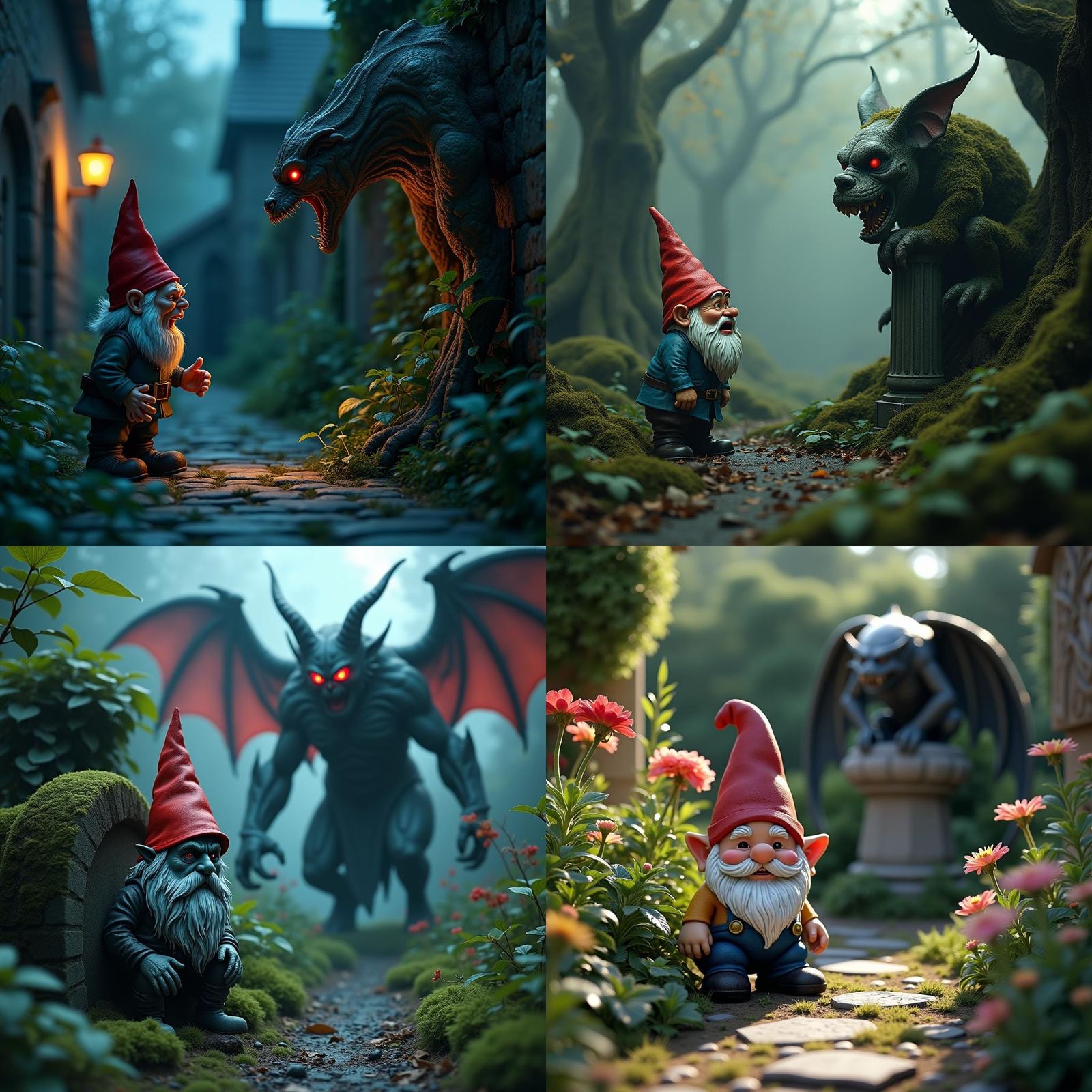 Terrified Gnome and Gothic Gargoyle Photograph