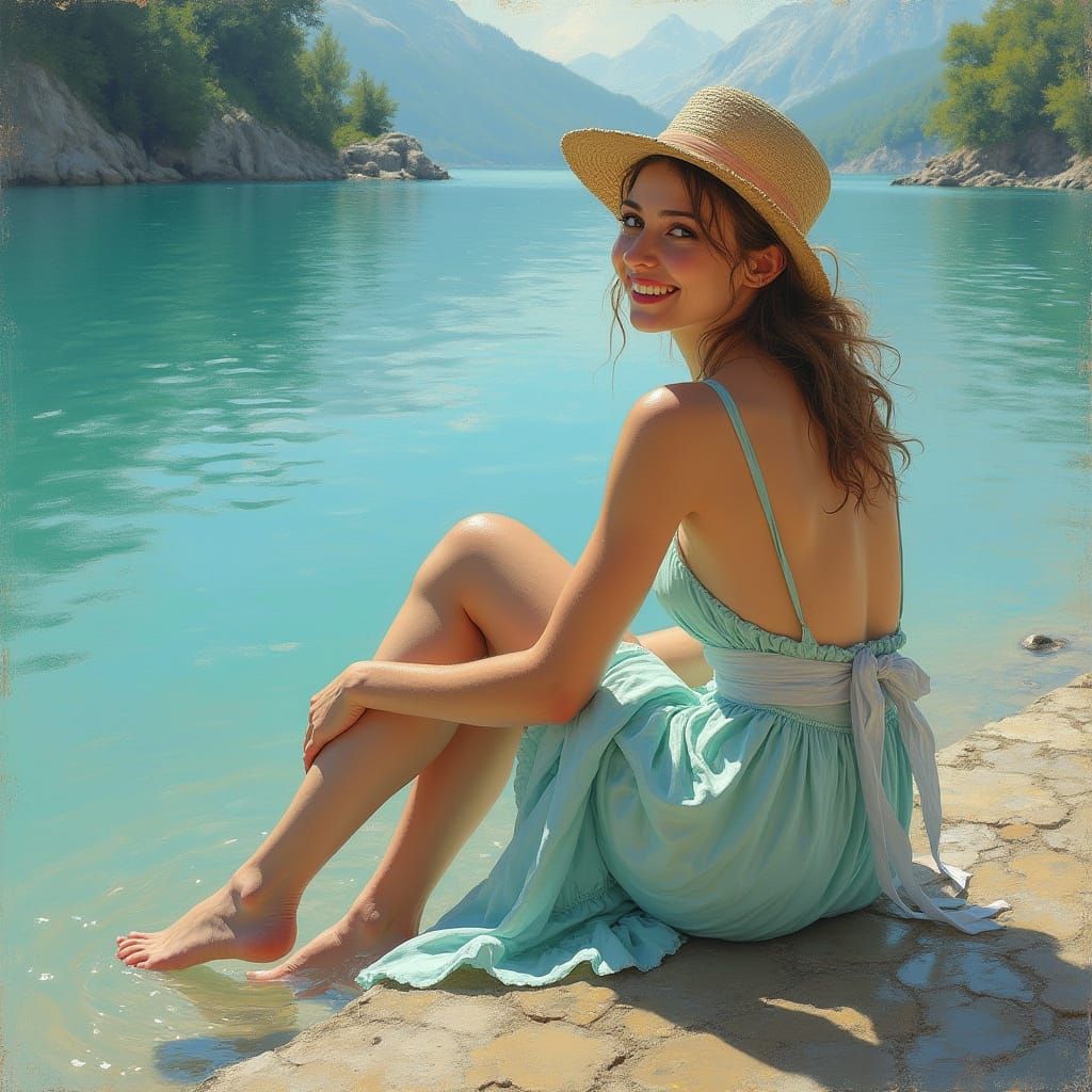 Smiling Woman in Light Dress by Lake, Pastel Colors