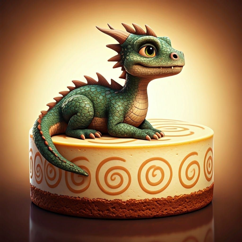 Green Dragon Lounging on Cheesecake, Animated Style