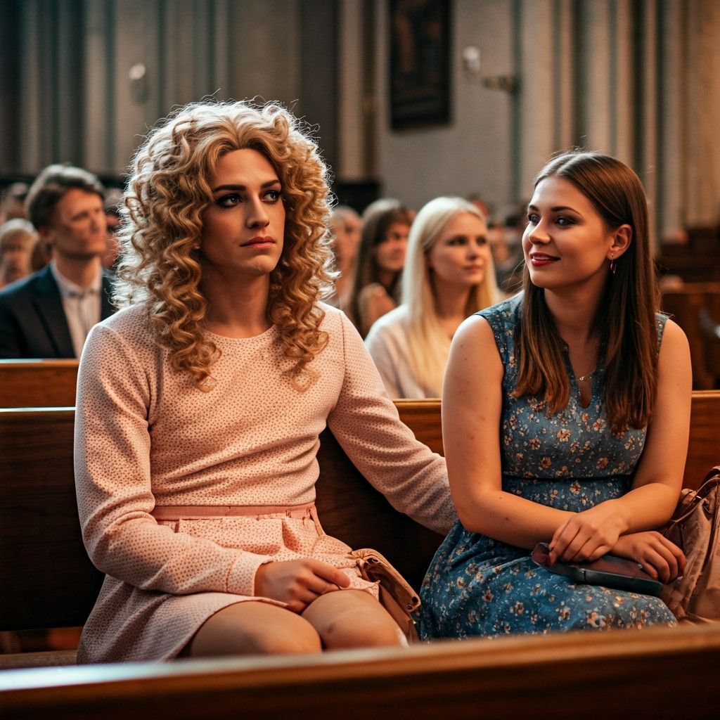 Androgynous Figure in Girlish Attire Seated with Woman