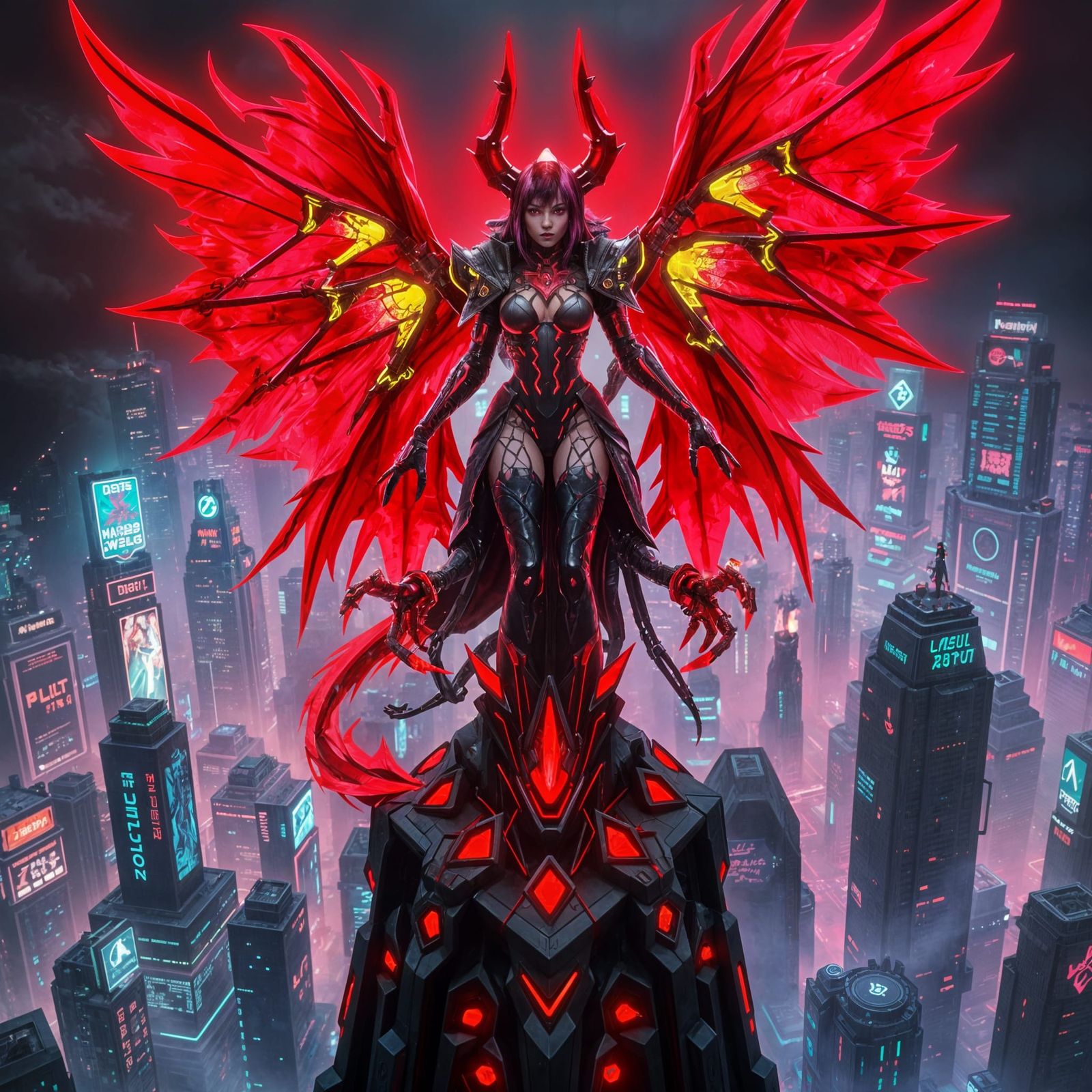 Cyberpunk Lilith in Hell with Cybernetic Wings
