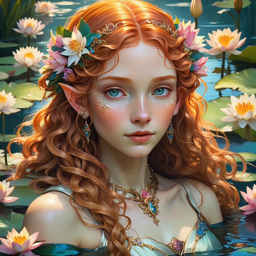 Medieval Elf in Lily Pond: Art Nouveau Portrait