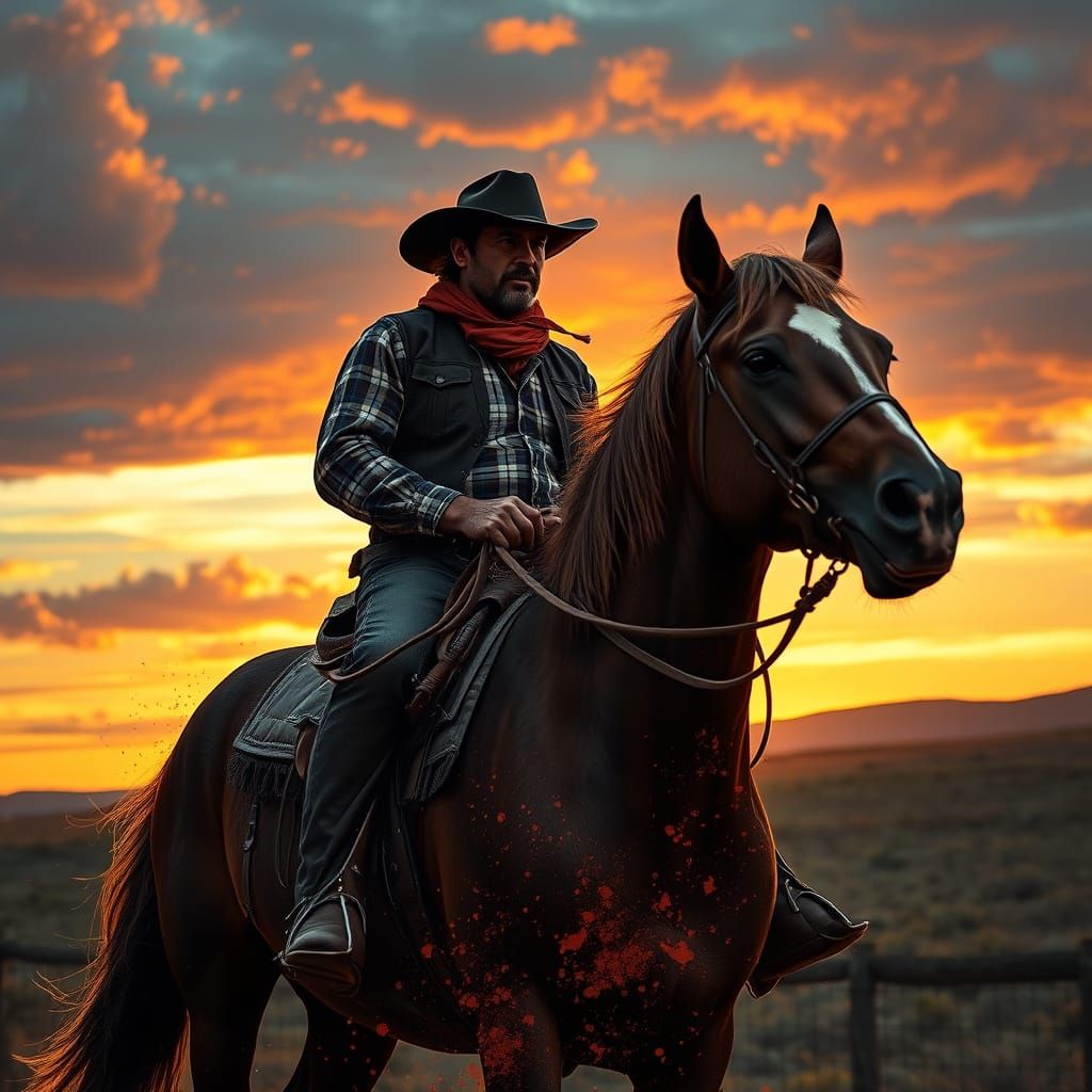 Cowboy at Sunrise in Hyperrealistic Splash Art Style