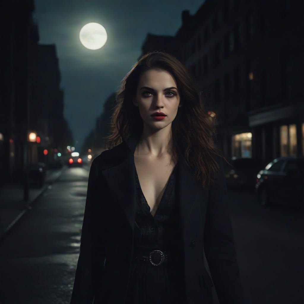 Gothic Vampire Stalks Woman on Stormy New York Street