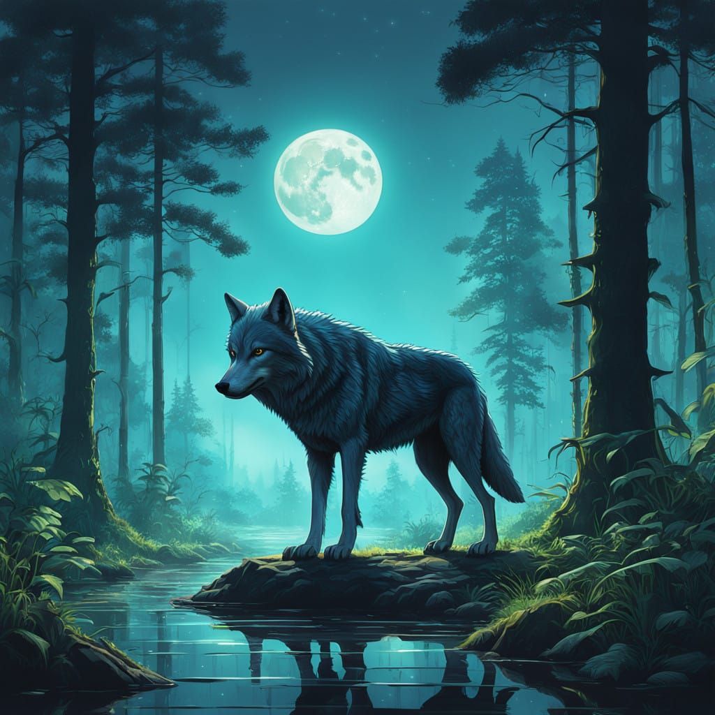 Hyperrealistic Jungle Scene with Majestic Wolf and Full Moon
