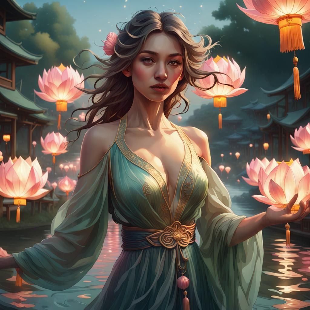 Woman in Lotus Lantern Parade: Art Nouveau Portrait