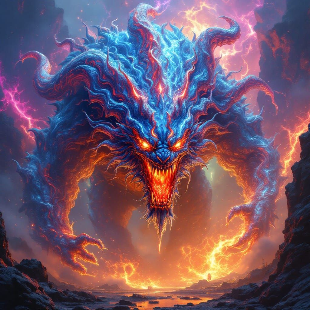 Glimmering Elemental Monster in Sci-Fi Landscape