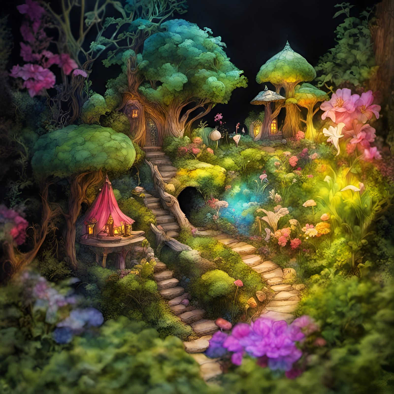 neon Fantasy fairy garden, hyperrealistic, pen and ink, wate...