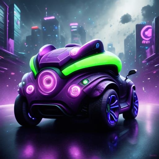 Singing Turtle Drives Futuristic Car in Neon Cityscape