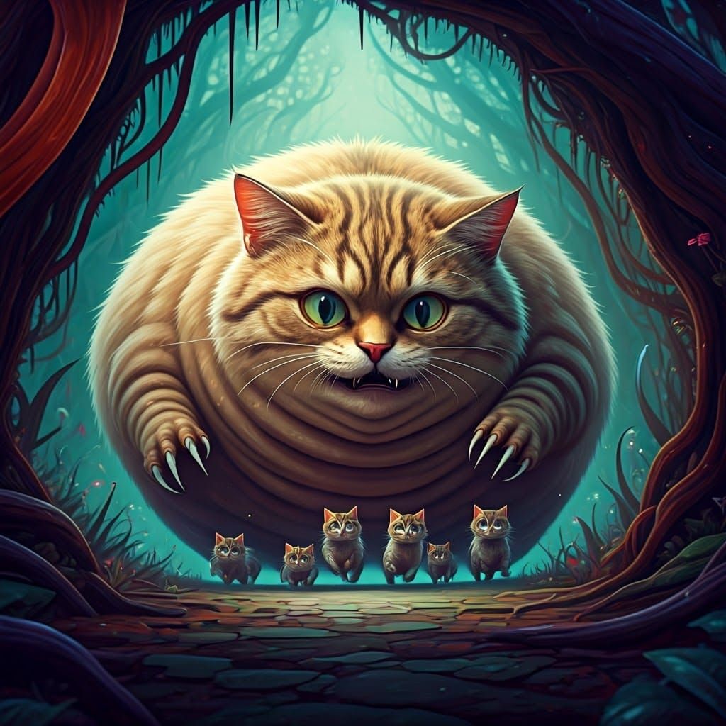 Obese Tabby Cat Chasing Kittens in Dark Fantasy Landscape