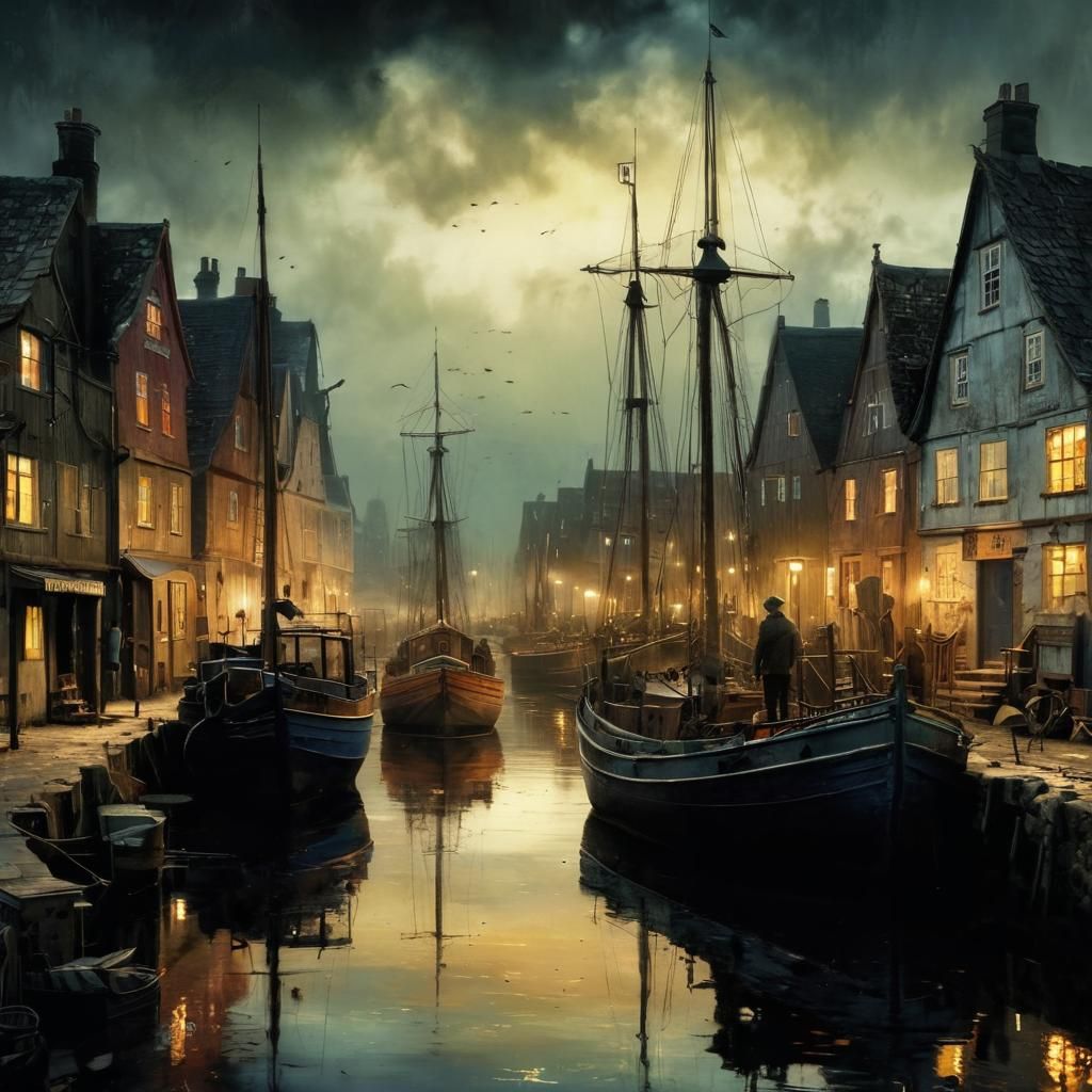 Idyllic Danish Harbor at Sunset: Detailed Fantasy Art