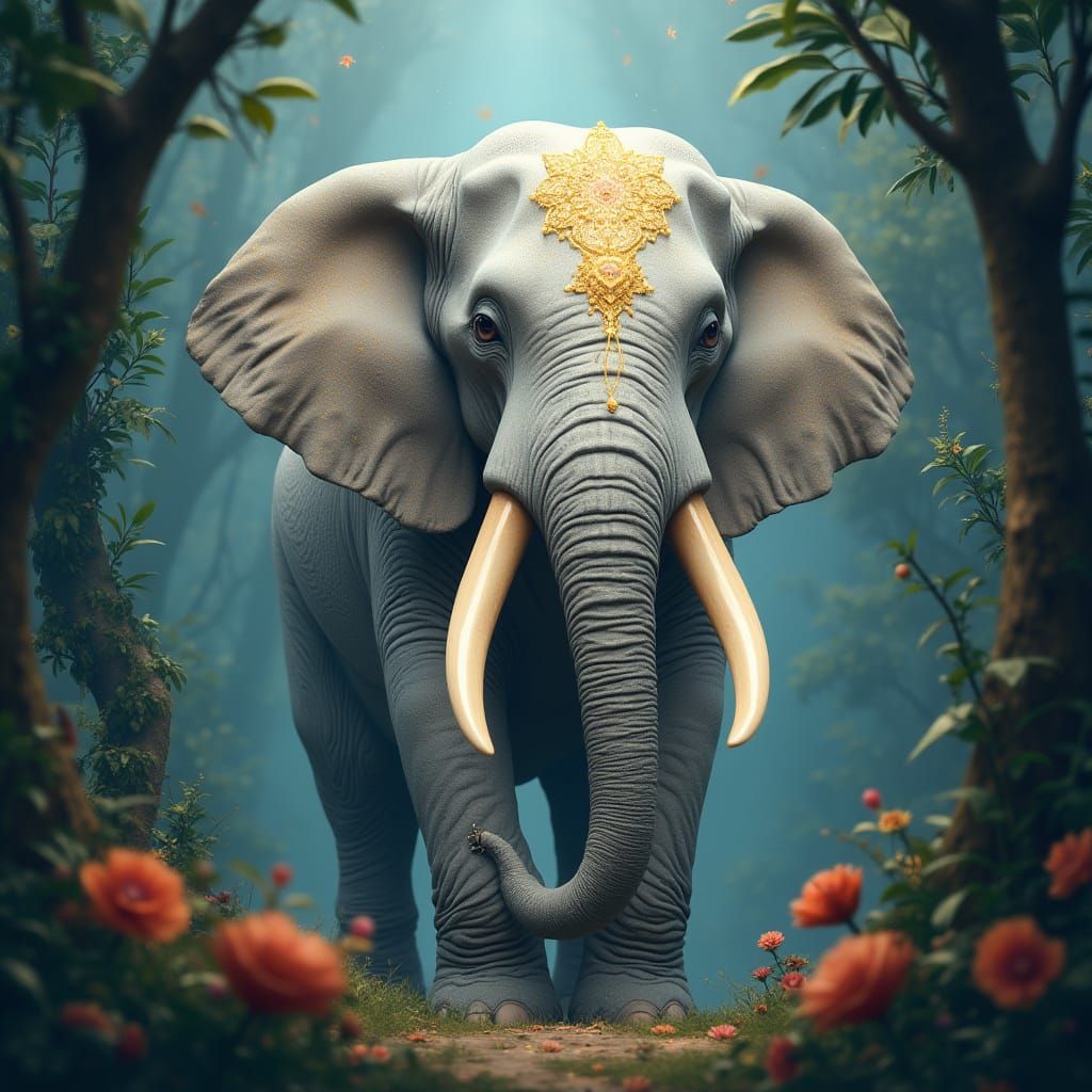 Stardust Elephant Emerges from Jungle, Futuristic Art