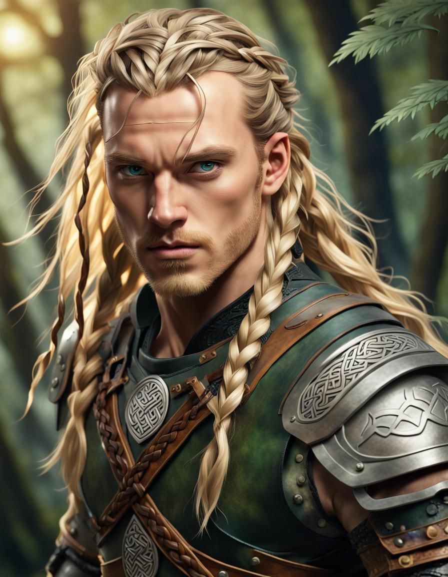 Celtic Warrior with Braids in Lush Forest