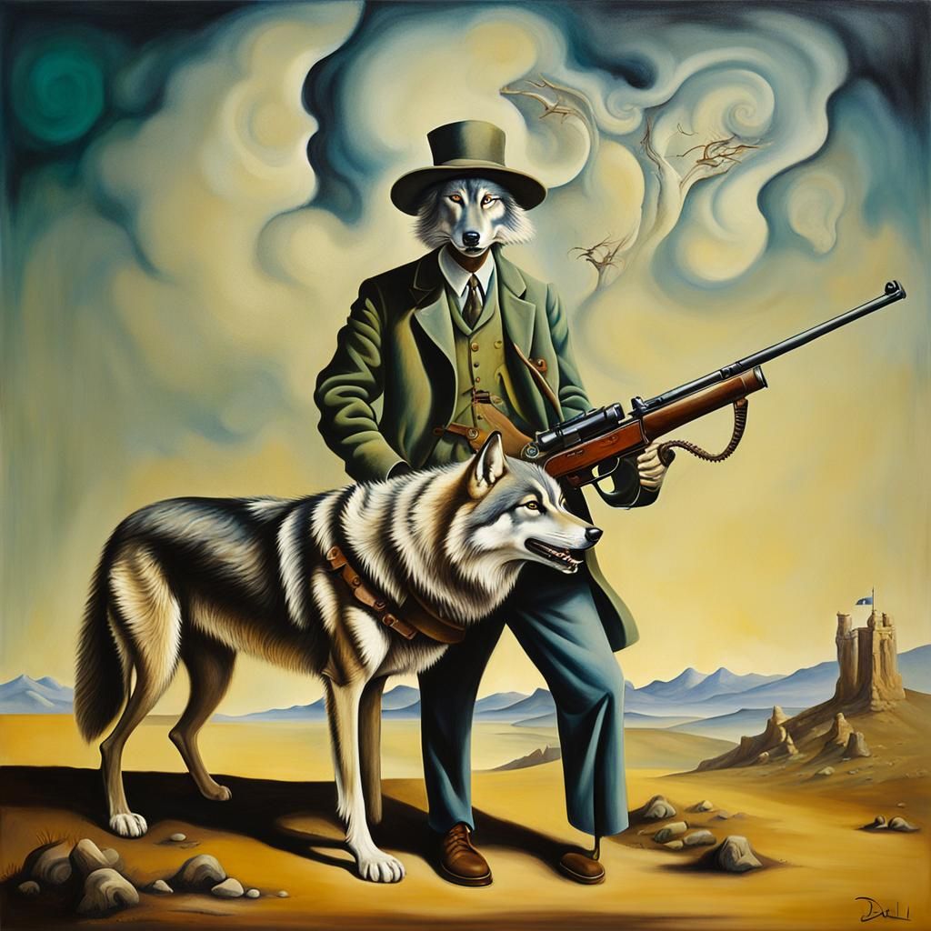 Surreal Wolf Hunter in Melting Oil Painting Style