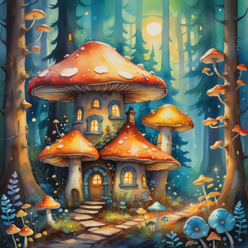 Impressionist Masterpiece of a Whimsical Mushroom House in a...
